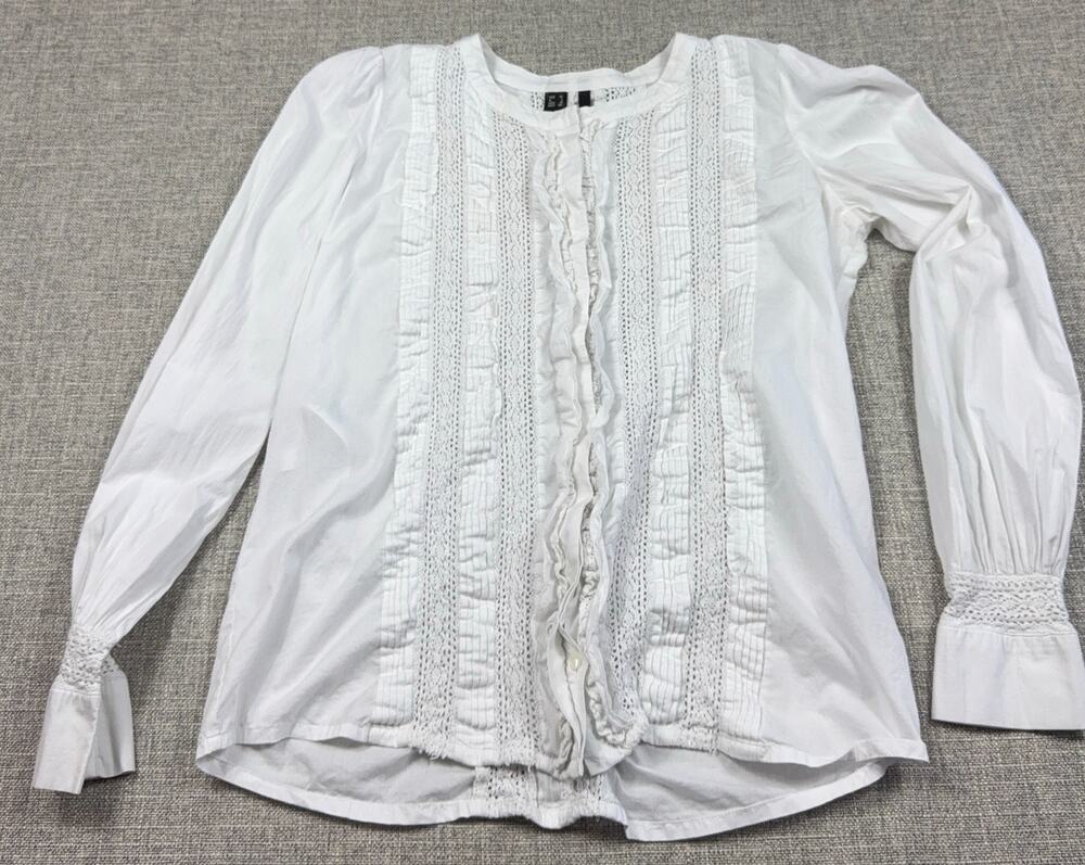 MNG by Mango White Lace Pleated Ruffle Blouse Women's US 10 Long Sleeve